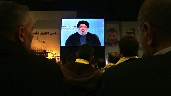 Hezbollah leader Sheikh Hassan Nasrallah, speaks via video link to his supporters - Sputnik Mundo