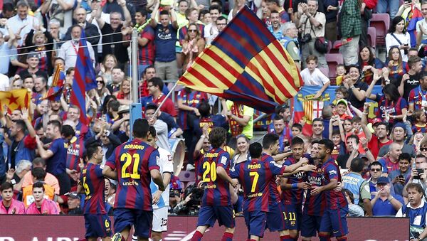 Barça celebra un gol de Messi durante el partido con La Coruña en Camp Nou, 23 de mayo de 2015 - Sputnik Mundo