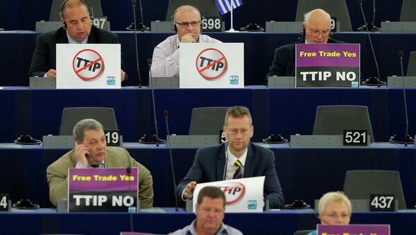Miembros del Parlamento Europeo estan en contra del TTIP, Estrasburgo, Francia, el 7 de julio, 2015 - Sputnik Mundo