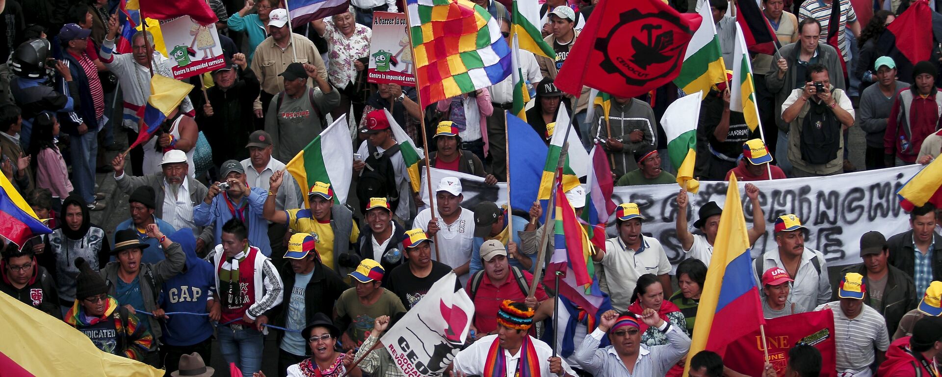 Protesters carry flags and banners while marching in Quito, Ecuador, August 12, 2015 - Sputnik Mundo, 1920, 13.10.2021