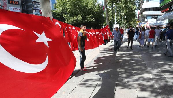Un hombre está cerca de la bandera de Turquía durante las demostraciones por la lucha contra el terrorismo, Ankara - Sputnik Mundo