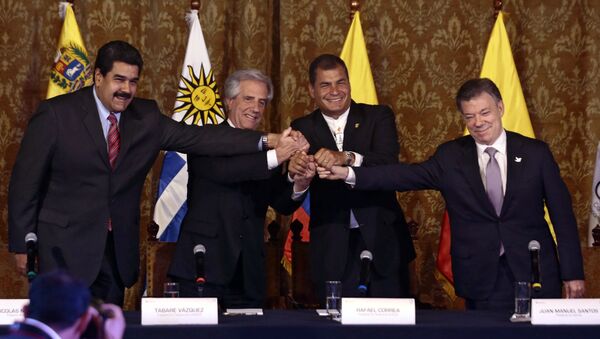 Presidente de Venezuela, Nicolás Maduro, presidente de Uruguay, Tabaré Vázquez, presidente de Ecuador, Rafael Correa, y presidente de Colombia, Juan Manuel Santos - Sputnik Mundo