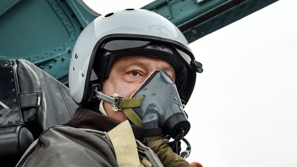 Petró Poroshenko, presidente de Ucrania, en la cabina del avión Su-27 modernizado - Sputnik Mundo