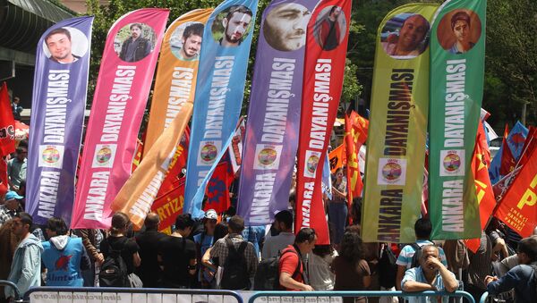 Manifestantes sostienen banderas con imágenes de las víctimas de las protestas, primavera de 2013 en Gezi - Sputnik Mundo