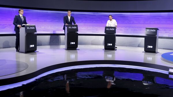 Candidatos Albert Rivera, Pedro Sánchez y Pablo Iglesias - Sputnik Mundo