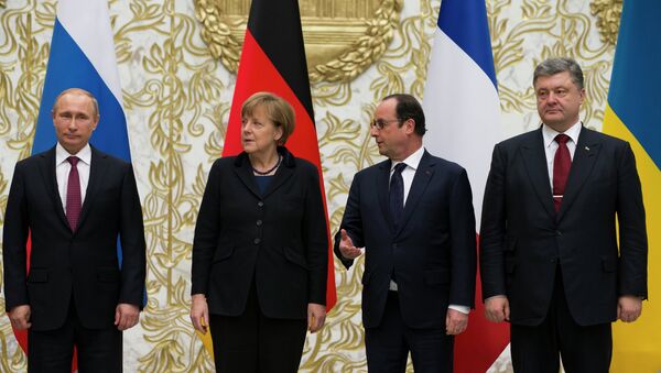 Reunión entre V. Putin, A. Merkel, F. Hollande y P. Poroshenko en Minsk - Sputnik Mundo