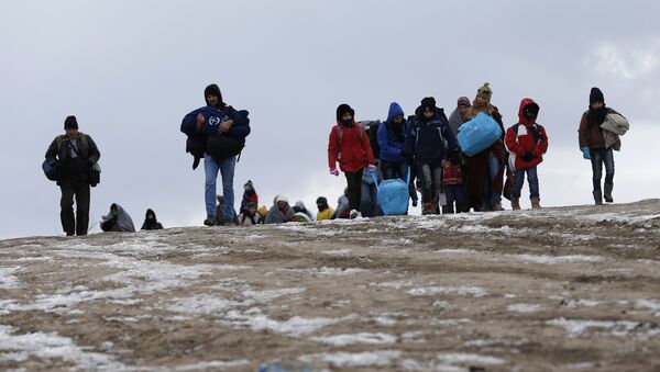 Migrants walk through a frozen field after crossing the border from Macedonia - Sputnik Mundo