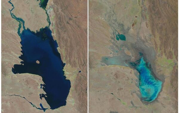 El Lago Poopó lleno de agua en octubre del 1986 y prácticamente desecado en enero del 2016, Bolivia - Sputnik Mundo