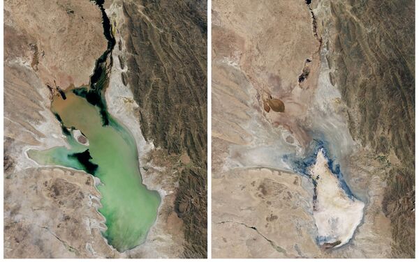 El Lago Poopó lleno de agua en abril del 2013 y desecado en enero del 2016, Bolivia - Sputnik Mundo