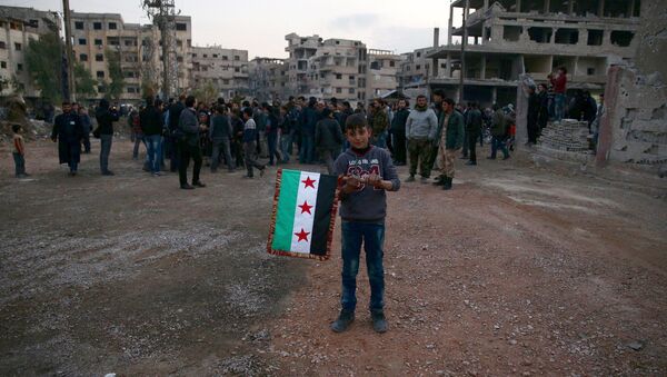 Un niño con la bandera de la oposición siria - Sputnik Mundo