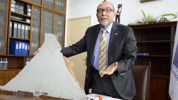 Comandante Joao Abreu, jefe del Instituto de la Aviación Civil de Mozambique, con una parte de los restos del MH370 - Sputnik Mundo