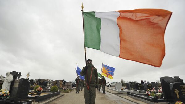 Un miembro de Sinn Fein con la bandera nacional de Irlanda - Sputnik Mundo