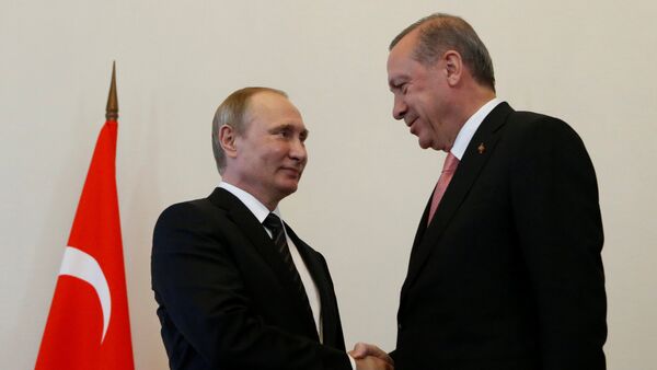 Russian President Putin shakes hands with Turkish President Erdogan during their meeting in St. Petersburg - Sputnik Mundo