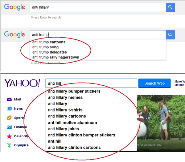La barra Google ofrece diferentes opciones de búsqueda anti Trump, pero ninguna anti Hillary. De lo contrario, Yahoo! sí que no hace exclusiones para nadie. La barra Google ofrece diferentes opciones de búsqueda anti Trump, pero ninguna anti Hillary. De lo contrario, Yahoo! sí que no hace exclusiones para nadie. - Sputnik Mundo