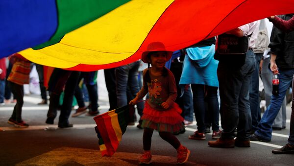 A child runs under a rainbow flag during a march in support of gay marriage, sexual and gender diversity in Mexico City, Mexico - Sputnik Mundo