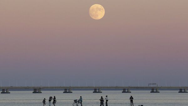 People stroll along the Tagus riverside in Lisbon as the moon rises Sunday, Nov. 13 2016 - Sputnik Mundo