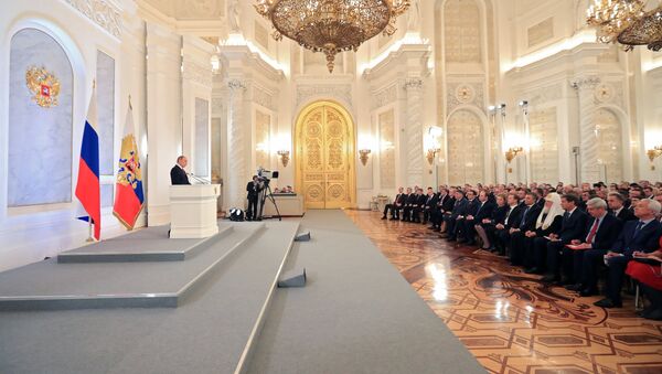 Vladímir Putin, presidente de Rusia, durante el mensaje anual a la Asamblea Federal - Sputnik Mundo