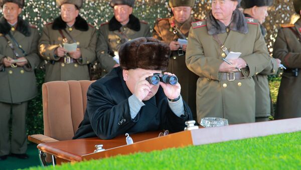 North Korean leader Kim Jong Un guides a firing contest among multiple launch rocket system - Sputnik Mundo