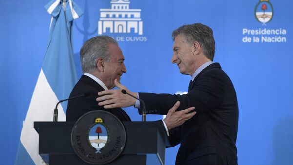 Presidente de Brasil, Michel Temer, y presidente de Argentina, Mauricio Macri (archivo) - Sputnik Mundo