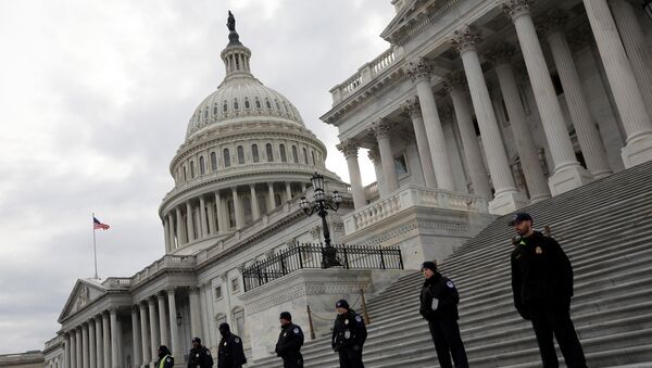 Capitol Hill Police officers look on as activists gather at the US Capitol to protest President Donald Trump's executive actions on immigration in Washington January 29, 2017 - Sputnik Mundo