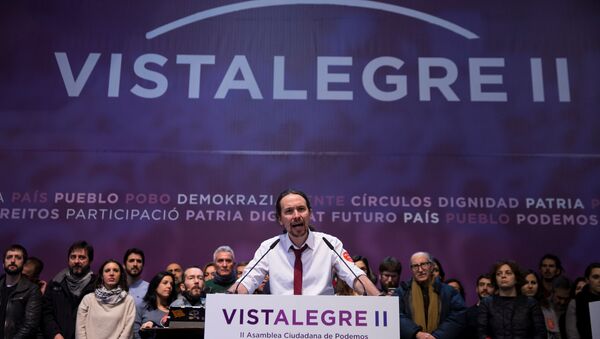 podemos (We Can) party leader Pablo Iglesias delivers his speech at the end of their national convention in Madrid, Spain - Sputnik Mundo