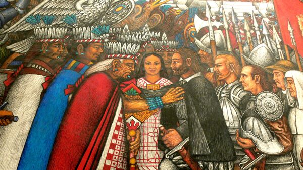 El fresco de Hernández Xochitiotzin 'Discusiones entre Taxcaltecanos y Hernán Cortés' - Sputnik Mundo
