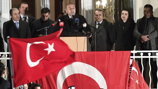 Mevlut Cavusoglu, ministro turco de Asuntos Exteriores durante un mitin en Hamburgo - Sputnik Mundo