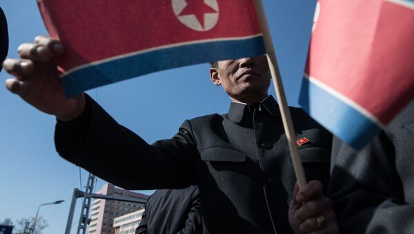 Hombre sujetando bandera de Corea del Norte (archivo) - Sputnik Mundo