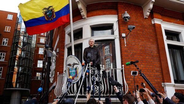 Julian Assange en el balcón de la Embajada de Ecuador en Londres - Sputnik Mundo