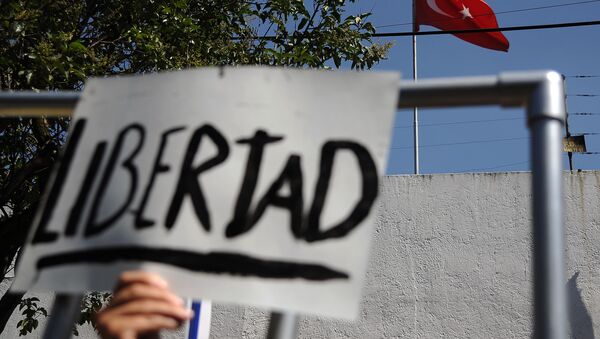 Miembros de Amnistía Internacional durante protestas frente a la Embajada de Turquía en México - Sputnik Mundo