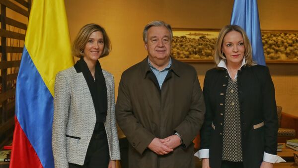 Viceministra de Relaciones Exteriores de Colombia, Patti Londoño, Secretario General de la ONU, António Guterres, y Embajadora de Colombia ante las Naciones Unidas, María Emma Mejía - Sputnik Mundo