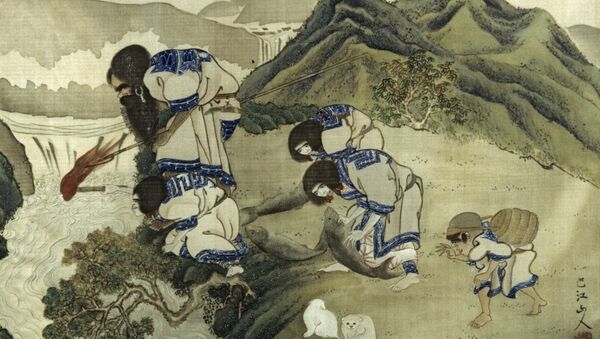 Una pintura antigua de un artista japonés desconocido que muestra la pesca de los ainu en la isla de Hokkaido. De la colección de la Kunstkámera de San Petersburgo. Reproducción - Sputnik Mundo