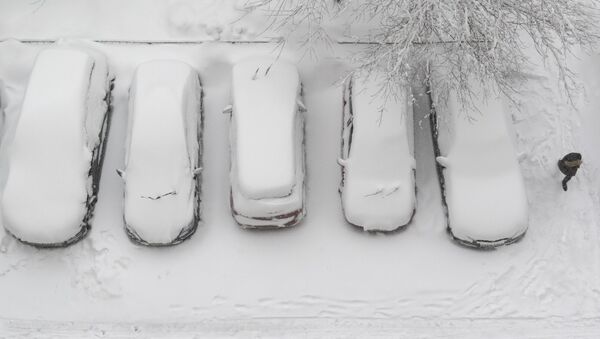Unos autos cubiertos de nieve en la capital rusa - Sputnik Mundo