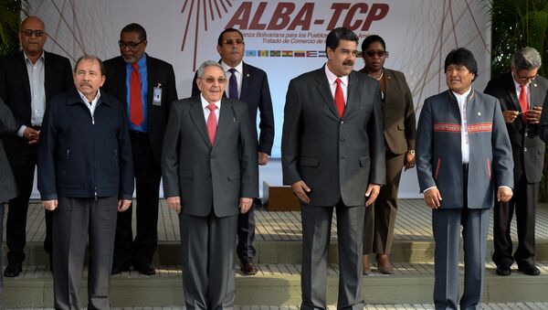 El presidente de Nicaragua, Daniel Ortega, el presidente de Cuba, Raul Castro, y los mandatarios de Venezuela y de Bolivia, Nicolás Maduro y Evo Morales - Sputnik Mundo