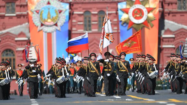 Los músicos del Colegio Militar de Música Jalílov, del Ministerio de Defensa de Rusia, que suelen abrir el Desfile de la Victoria - Sputnik Mundo