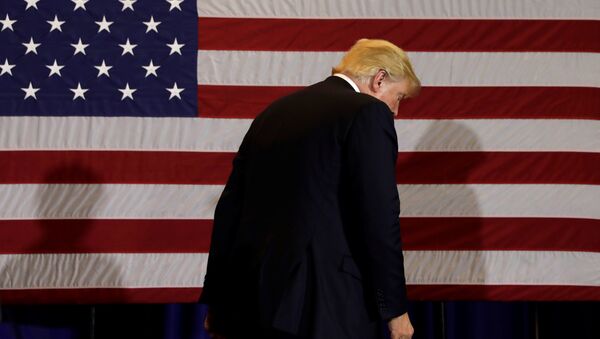 Presidente de EEUU, Donald Trump, con la bandera del país al fondo - Sputnik Mundo