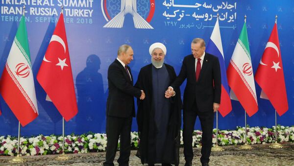 Vladímir Putin, el presidente de Rusia, Hasán Rohaní, el presidente de Irán, y Recep Tayyip Erdogan, el presidente de Turquía - Sputnik Mundo