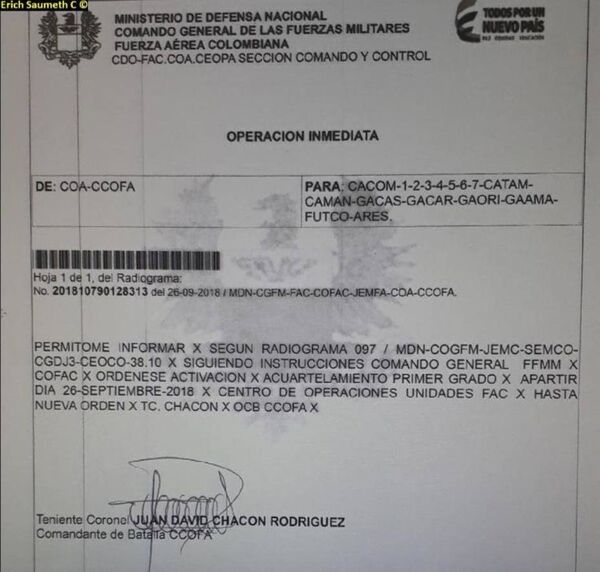 Un radiograma, atribuido al Comando General de las Fuerzas Militares de Colombia Un radiograma, atribuido al Comando General de las Fuerzas Militares de Colombia - Sputnik Mundo