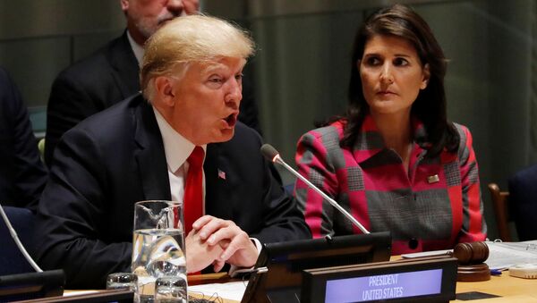 Presidente de EEUU, Donald Trump, y embajadora de EEUU ante la ONU, Nikki Haley - Sputnik Mundo