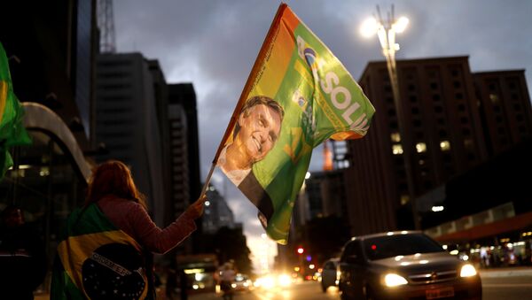 Bandera con un retrato de Jair Bolsonaro - Sputnik Mundo