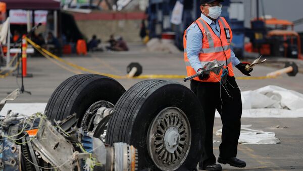 Un funcionario de la Comisión Nacional de Seguridad del Transporte de Indonesia transporta escombros del vuelo JT610 de Lion Air, Indonesia - Sputnik Mundo