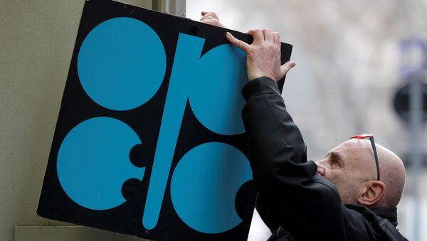 Un hombre coloca un cartel con el logotipo de la OPEP junto a la entrada de su sede antes de una reunión de ministros de petróleo de la OPEP en Viena - Sputnik Mundo
