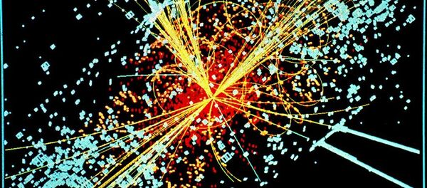 Un ejemplo de simulación a partir de los datos de la desintegración de dos protones de muy alta energía generando un Bosón de Higgs en el decaimiento en dos haces de hadrones y dos electrones en el detector CMS del LHC en el CERN. Un ejemplo de simulación a partir de los datos de la desintegración de dos protones de muy alta energía generando un Bosón de Higgs en el decaimiento en dos haces de hadrones y dos electrones en el detector CMS del LHC en el CERN. - Sputnik Mundo