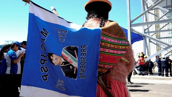 Una mujer con una bandera con la imagen del presidente de Bolivia, Evo Morales - Sputnik Mundo