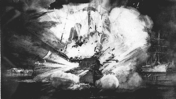 La explosión que destrozó al acorazado estadounidense Maine en el puerto de La Habana, Cuba, el 15 de febrero de 1898, fue dramáticamente retratada en este boceto por un artista de una revista estadounidense de la época. - Sputnik Mundo