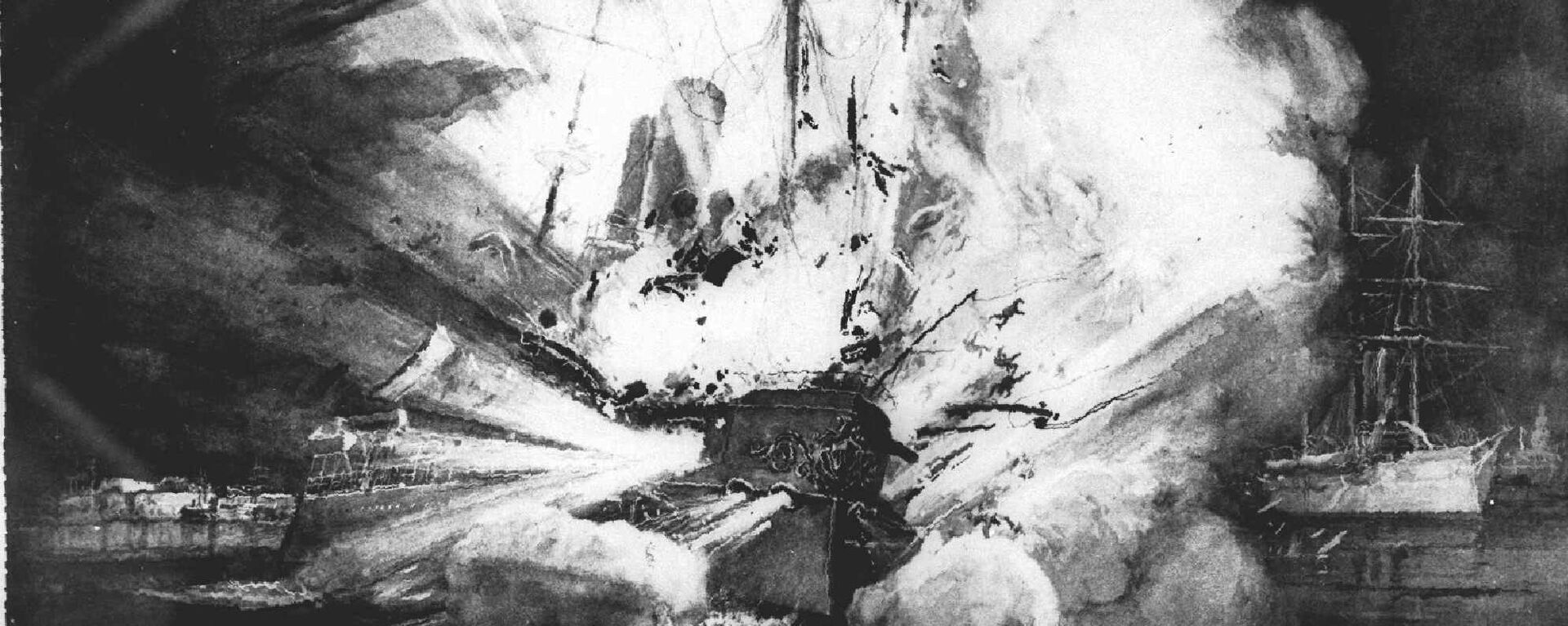 La explosión que destrozó al acorazado estadounidense Maine en el puerto de La Habana, Cuba, el 15 de febrero de 1898, fue dramáticamente retratada en este boceto por un artista de una revista estadounidense de la época. - Sputnik Mundo, 1920, 15.02.2019