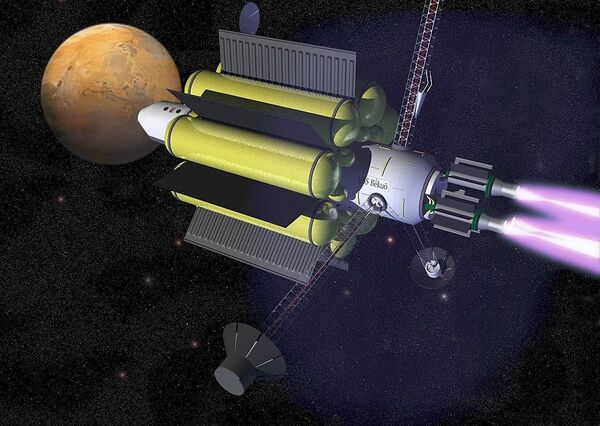 Representación artística de una futura nave espacial que utiliza un motor VASIMR Representación artística de una futura nave espacial que utiliza un motor VASIMR - Sputnik Mundo