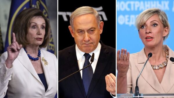 Nancy Pelosi, presidenta de la Cámara de Representantes de EEUU; Benjamín Netanyahu, primer ministro israelí; María Zajárova, portavoz del Ministerio de Exteriores de Rusia - Sputnik Mundo