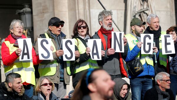 Manifestantes sostienen las letras del apellido de Julian Assange - Sputnik Mundo