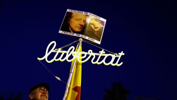 Un cartel con el rostro del fundador de WikiLeaks, Julian Assange - Sputnik Mundo